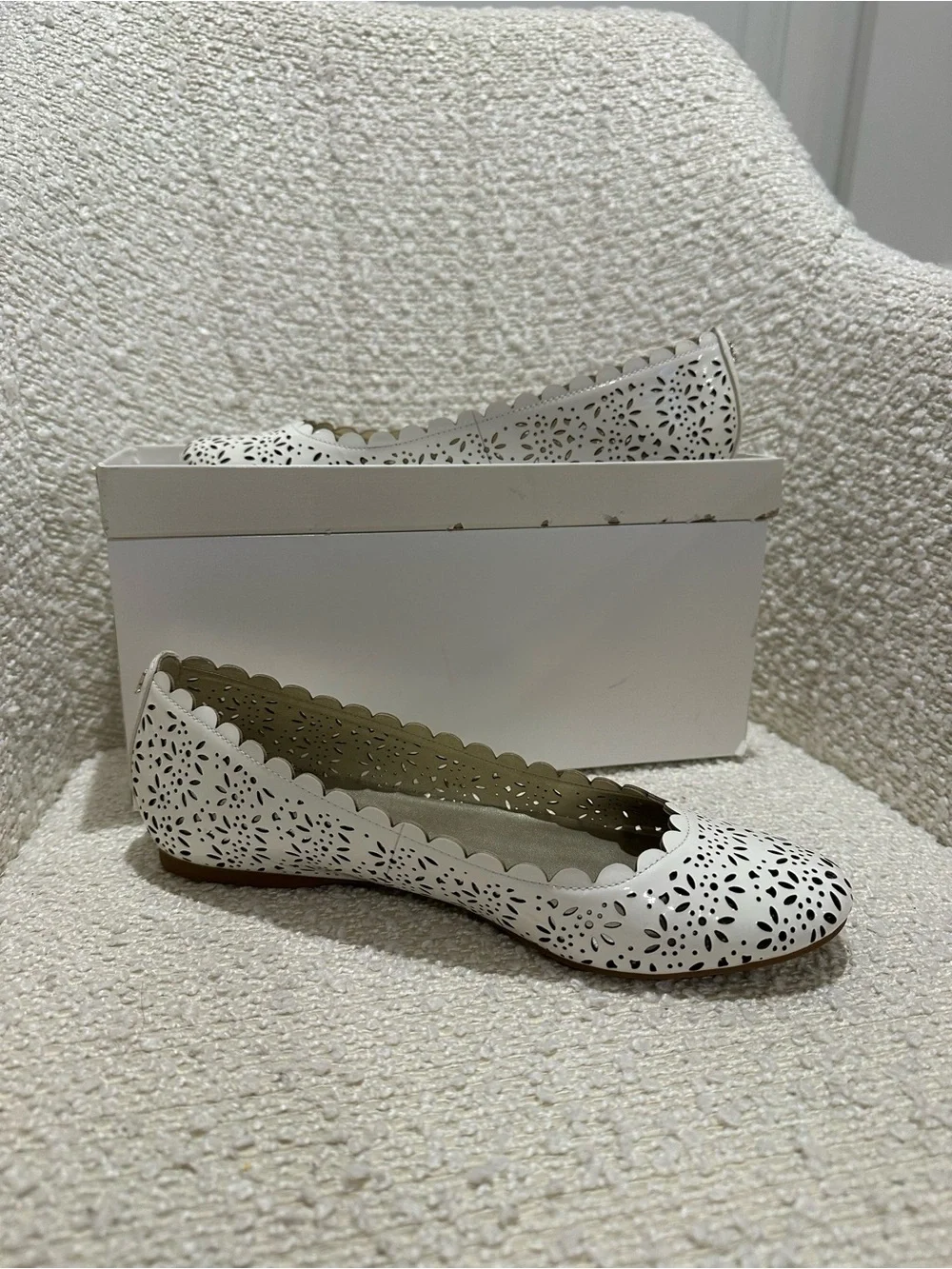Coach White Laser-Cut Scalloped Ballet Flats